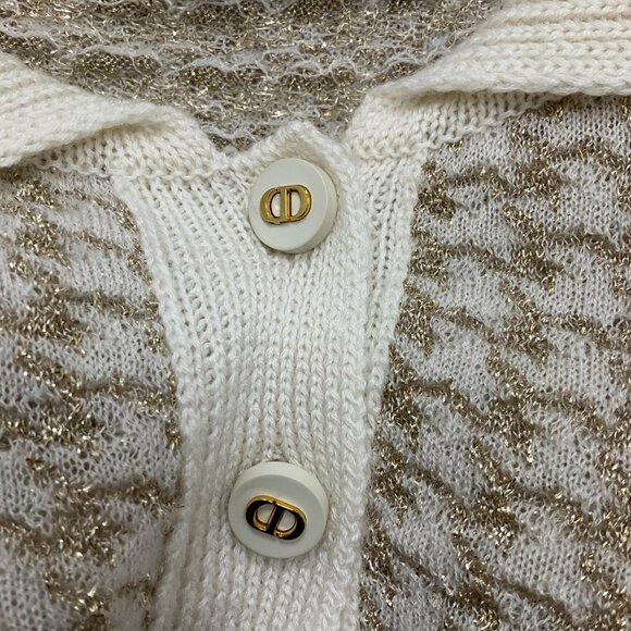 Christian Dior Cream / Gold Short Sleeved Cashmere Houndstooth Polo Sweater - Picture 6 of 6